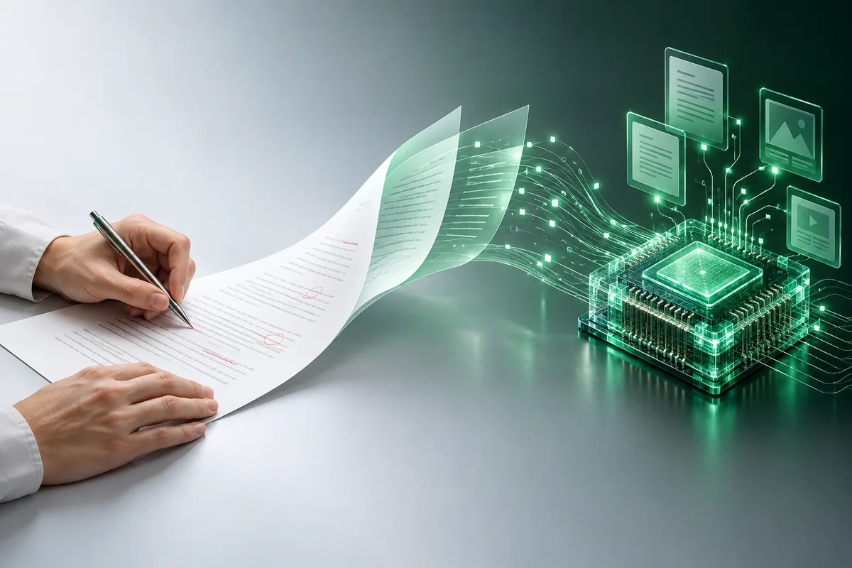 Ilustração conceitual: mãos revisam uma tradução em papel, que se transforma em documentos digitais e fluxos conectados a um processador de IA.